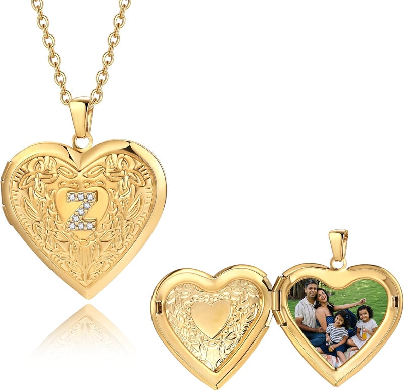 Badu Gold Initial A-Z Necklace for Women Heart Photo Lockets that Hold Picture Love Image Cubic Zirconia Necklace - Image 2